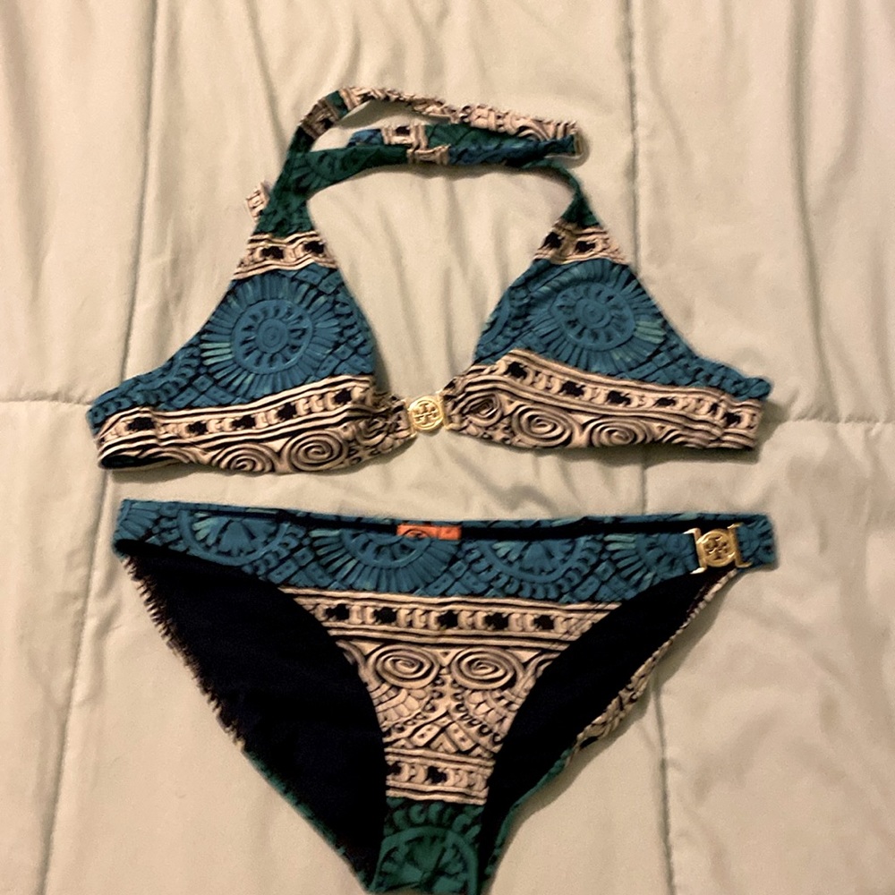 Tory Burch Blue and Black Patterned Bikini